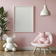 Aesthetic Pink Wall Featuring a Picture Frame and a White Teddy Bear, Perfect for Modern Kids' Room Style