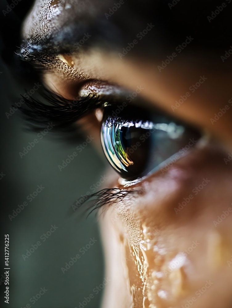 Poster close up portrait of an eye with tear drops reflecting color and emotion during a dramatic moment : 