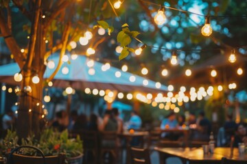 Elegant outdoor networking event with string lights illuminating