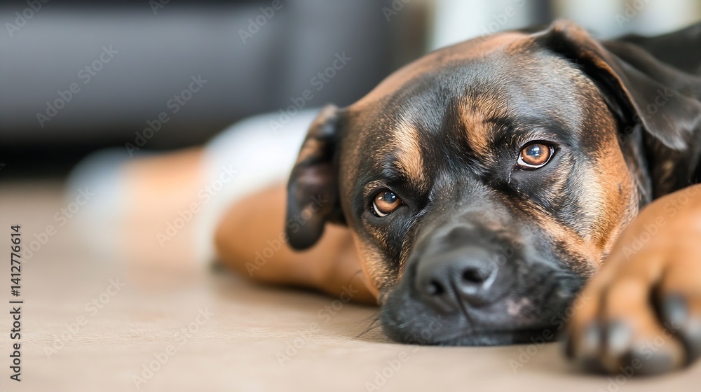 Poster close up of a relaxed dog resting on the floor in a cozy living room environment : generative ai