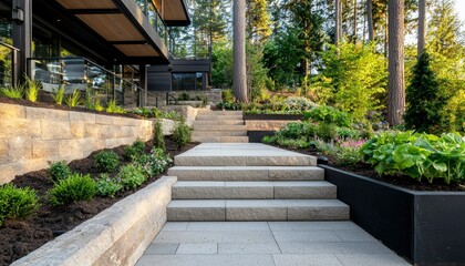 Modern, landscaped backyard with steps