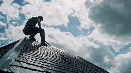 Roofing worker fixing shingles on a pitched roof. Durability and protection