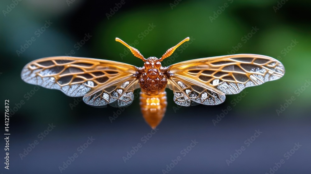Poster Macro shot of an orange and white insect with intricate wing patterns against a blurred green and blue background. The insect's detailed features are highlighted in sharp focus