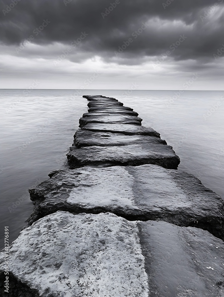 Poster dramatic black and white image of a stone pathway leading into a calm seaside horizon : generative a
