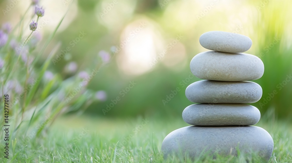 Aufkleber balanced five stone pile for zen and relaxation in nature setting : generative ai