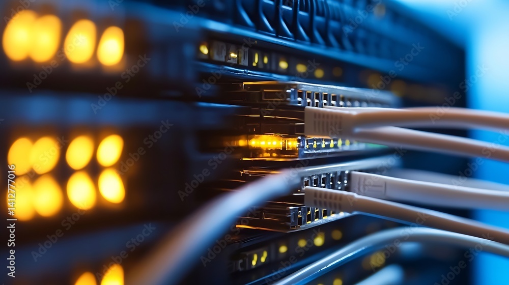 Aufkleber high speed fiber optic cables and network equipment in modern data center : generative ai