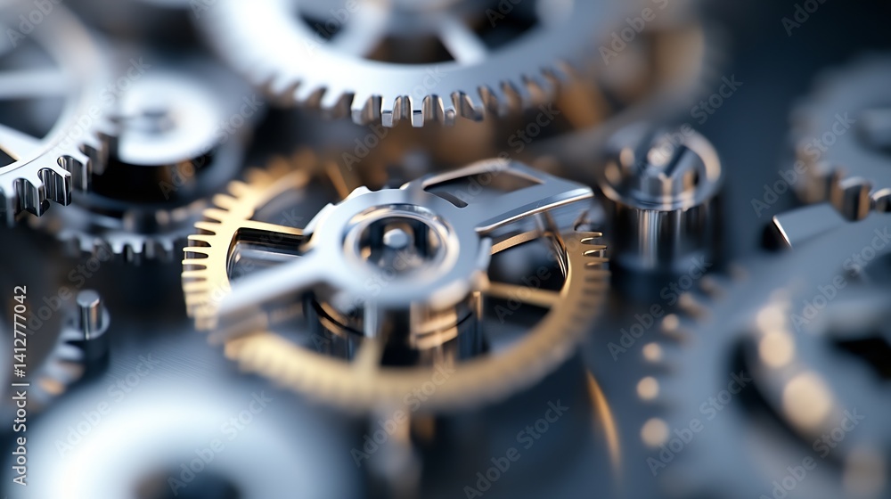 Poster close up of interlocking metal gears illustrating machinery and engineering concepts : generative ai