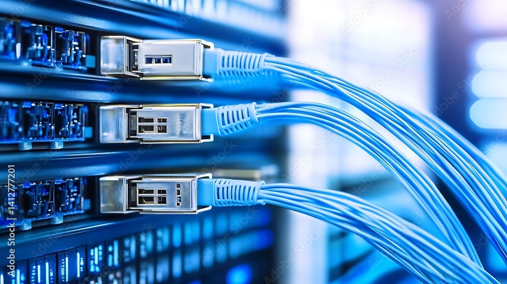 Aufkleber High-tech data server with blue network cables connected highlighting technology and connectivity : Generative AI