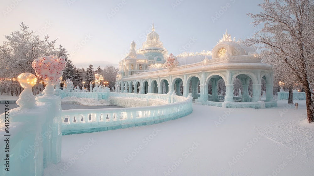 Fototapete winter scene featuring an illuminated ice structure with intricate details, set against a snowy land