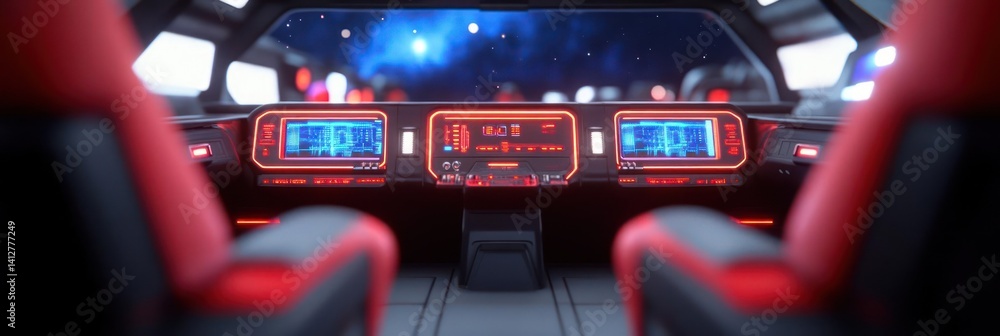 Poster interior view of a spaceship cockpit featuring a console with illuminated screens and buttons, red a