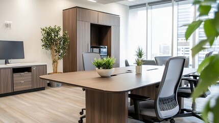 Modern and Stylish Office Interior Design Featuring Elegant Furniture and Greenery : Generative AI