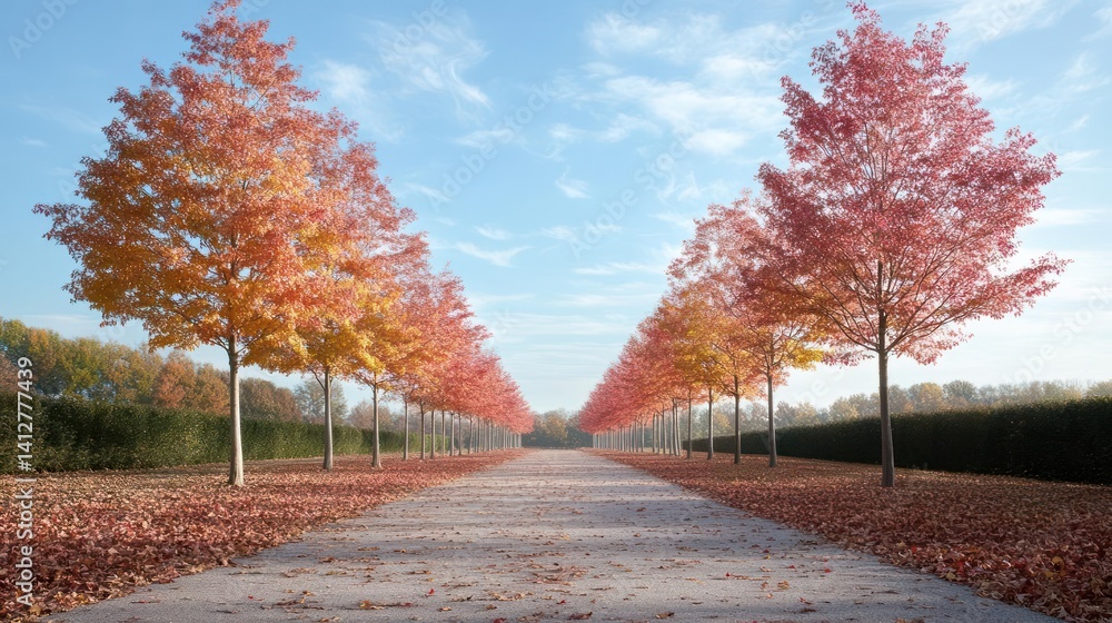 Poster scenic autumn landscape featuring a straight path lined with vibrant orange and red trees under a cl