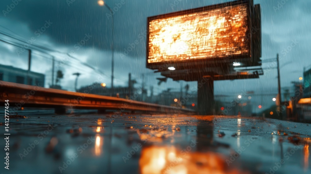 Poster A reflective wet surface with an illuminated advertisement in the background under a heavy rain. The advertisement's glow lights the surface, creating a moody scene. Atmospheric, rain, cityscape, and