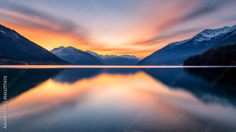 Poster breathtaking mountain sunset reflected on still lake surface creating a peaceful scene : generative 