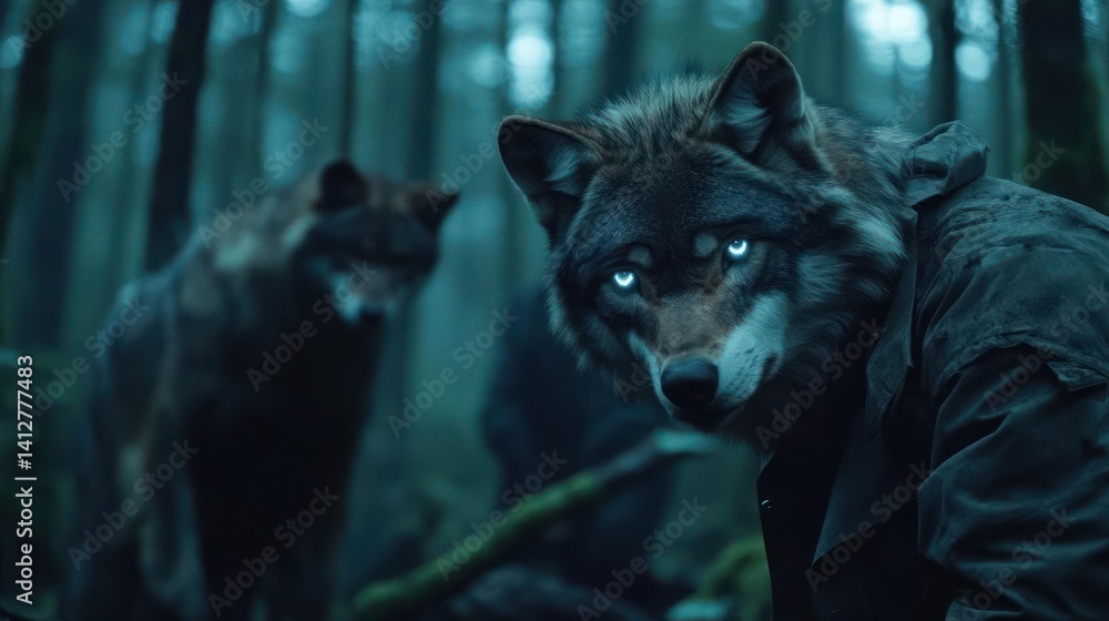 Poster captivating image of two wolves in a dense, dark forest. the foreground wolf has striking, glowing b