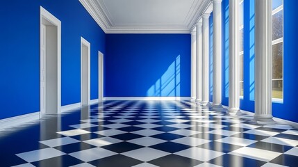 Fototapeta premium A checkered floor and columns are part of the elegant interior hallway design