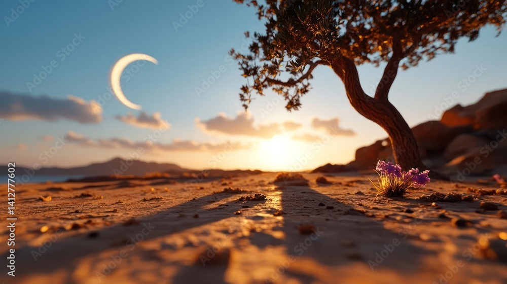 Poster a ground level view captures a dry landscape under a setting sun, casting long shadows. a gnarled tr