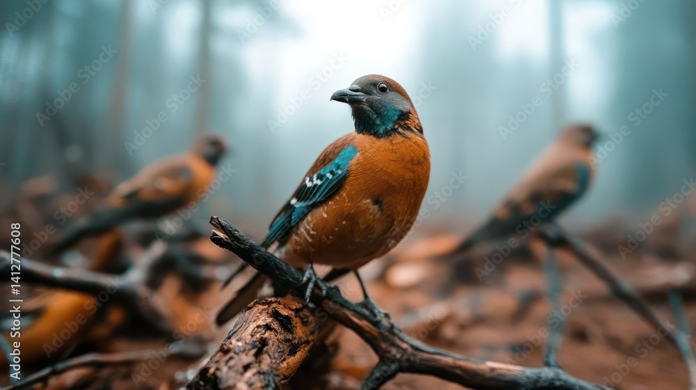 Aufkleber a close-up of a brown bird with blue accents perched on a branch, set against a blurred backdrop of 