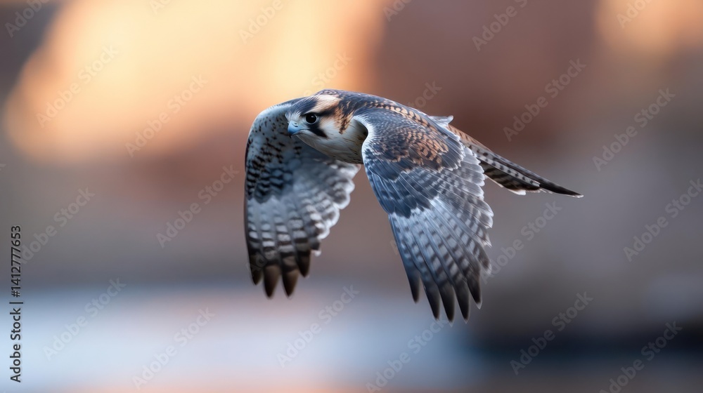 Poster close-up of a falcon in mid-flight against a blurred natural background. the bird's intricate feathe