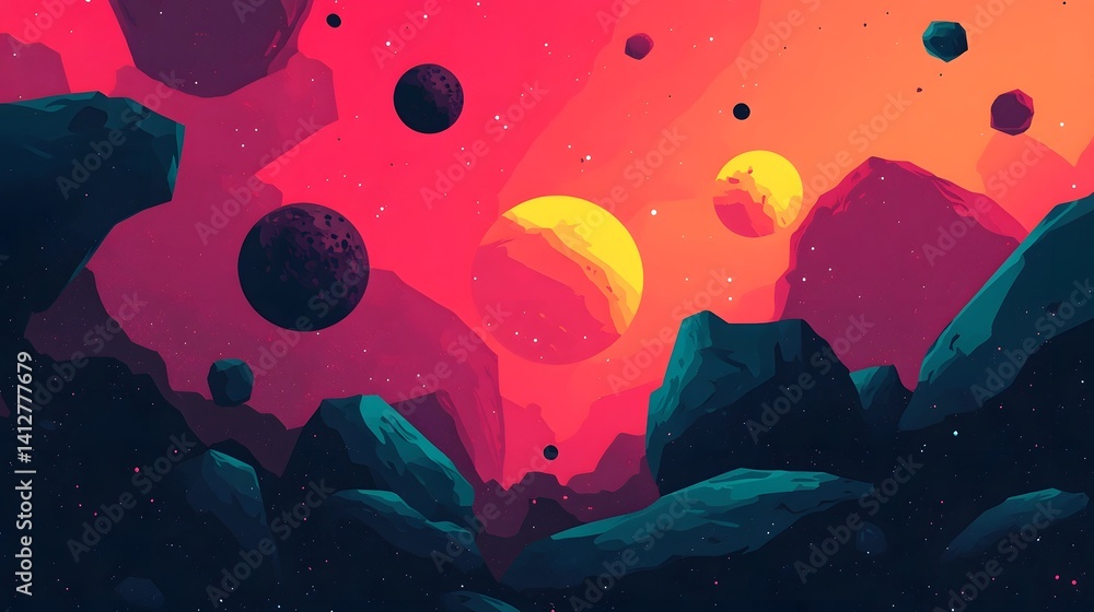 Poster mysterious alien landscape with glowing portals and unknown celestial phenomena