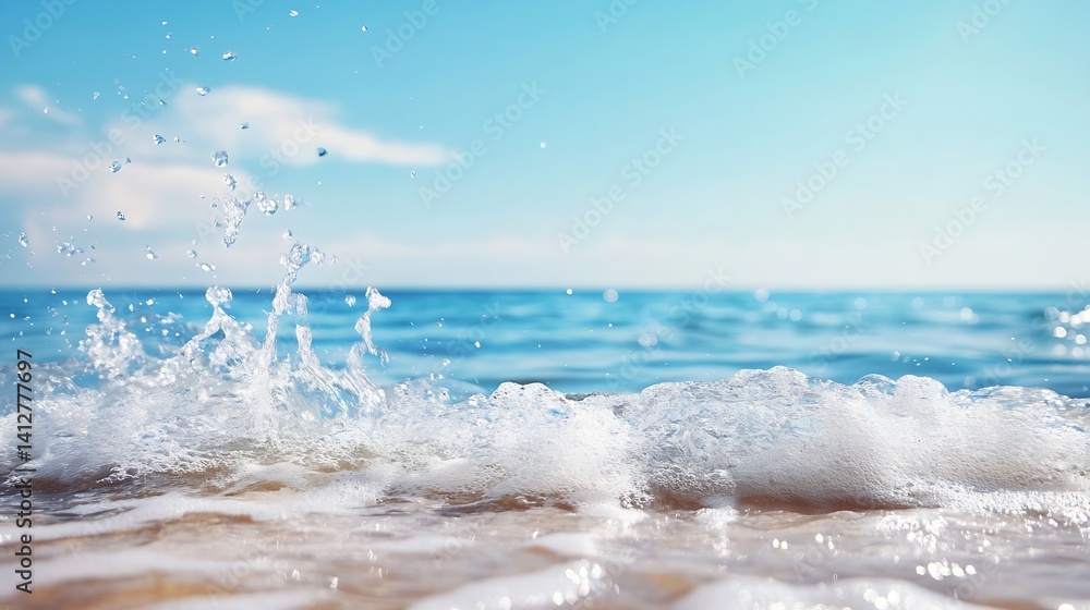 Poster waves crashing gently on serene beach under a bright sky with fluffy clouds : generative ai