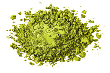 Green tea powder sprinkled thinly over a pure white background, high-quality stock photo for design use