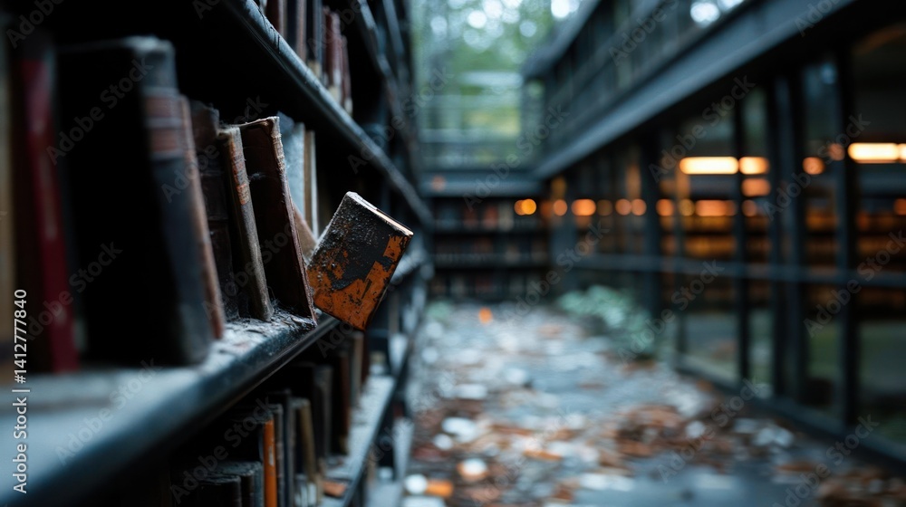 Poster an old book stands out on a shelf in a blurred library setting. the focus is on the texture and age 
