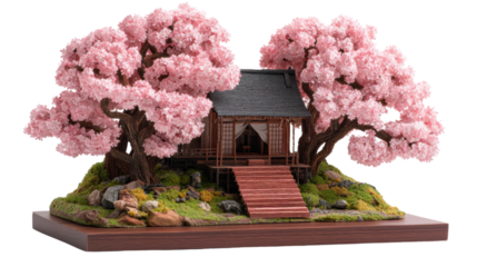 Exquisite japanese miniature model of cherry blossom trees surrounding a traditional wooden house on a scenic base