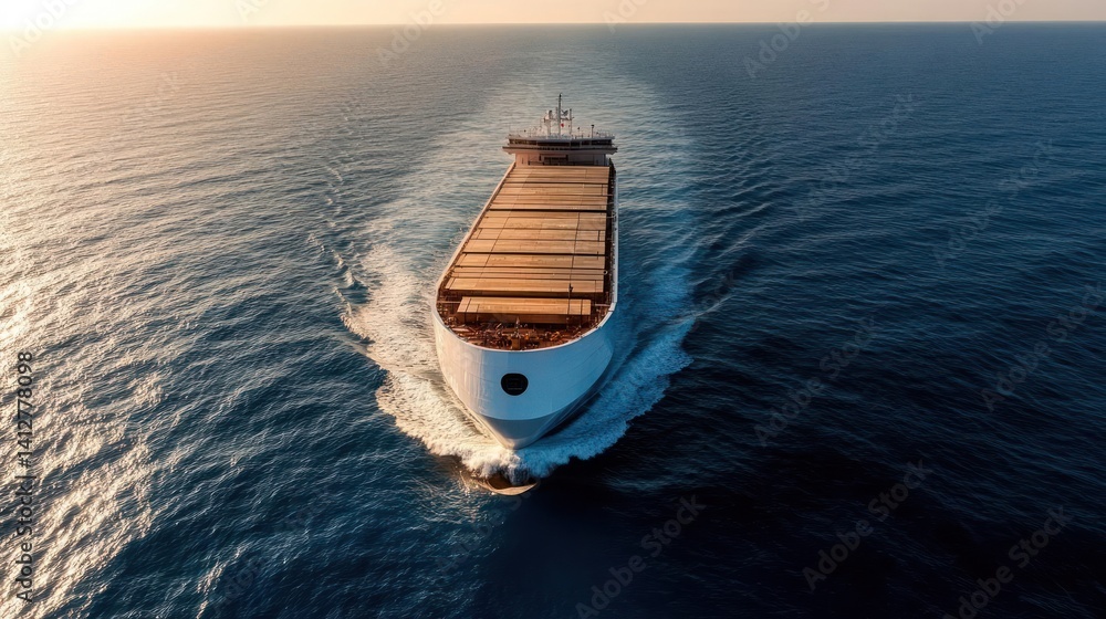 Poster aerial perspective captures a vast cargo ship slicing through blue ocean water during golden hour. t
