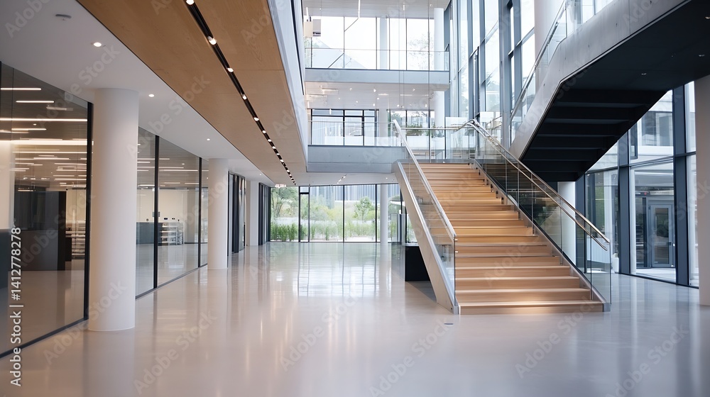 Poster modern spacious lobby with elegant staircases and large windows inviting natural light : generative 