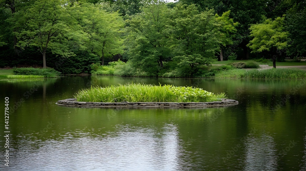 Poster tranquil island surrounded by lush greenery in a calm reflective lake : generative ai