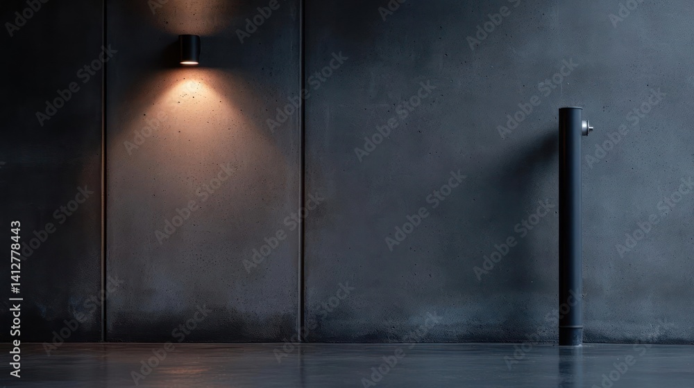 Poster this image features a well-lit, minimalist architectural space with a dark gray concrete wall and a 