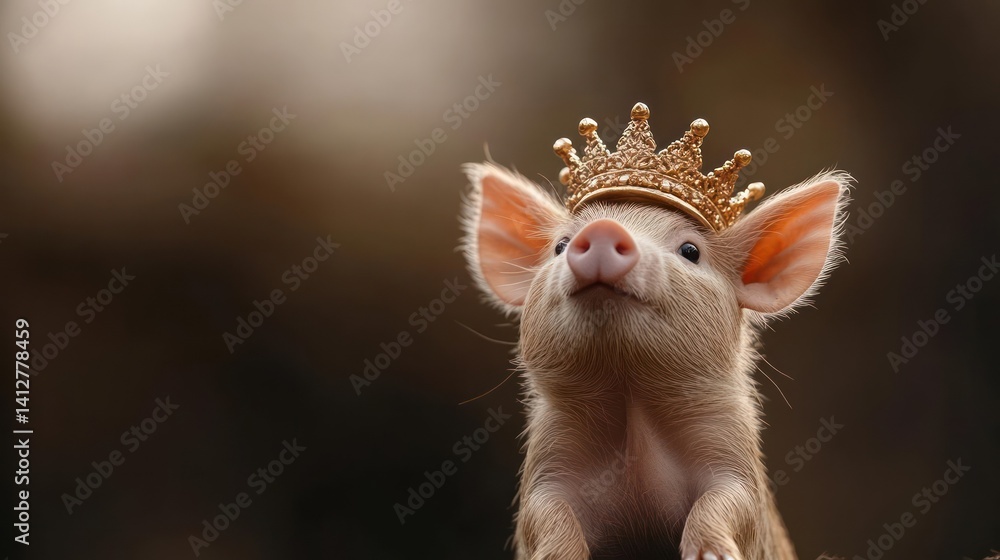 Poster close up of a light brown piglet with a golden crown on its head looking up against a blurry brown b