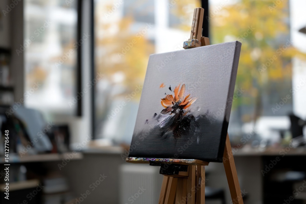 Aufkleber A canvas with abstract art sits on a wooden easel, with a blurred background showcasing a window and office. The art features a blend of dark and bright colors, creating a striking visual contrast in