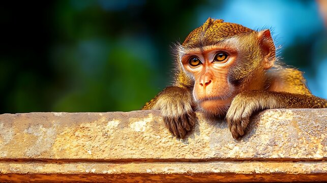 Pensive monkey rests on a worn wall, gazing with bright eyes, blurred green backdrop - Powered by Adobe