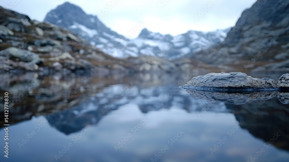 Poster serene mountain reflection on a calm lake surrounded by nature : generative ai