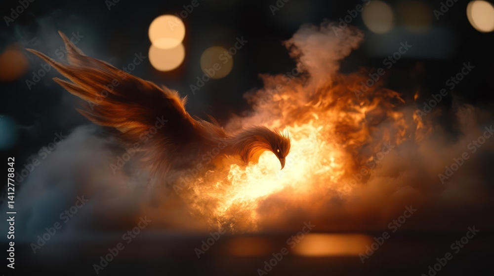 Poster dramatic visual featuring a bird engulfed in flames against a dark bokeh background. the bird's form