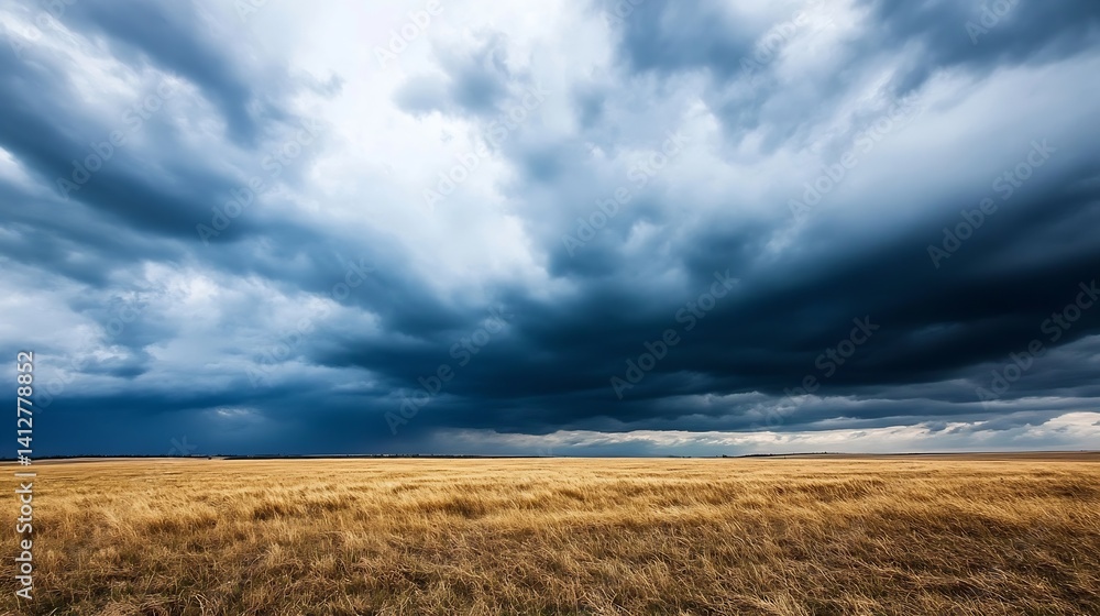 Poster dramatic overcast sky above a golden field before a storm : generative ai