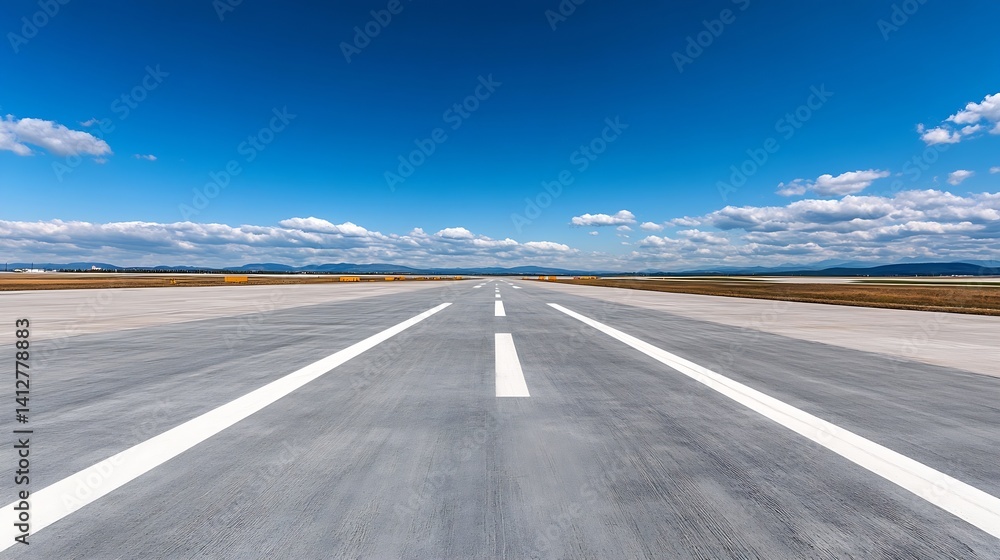 Poster open runway under a bright blue sky with fluffy white clouds : generative ai