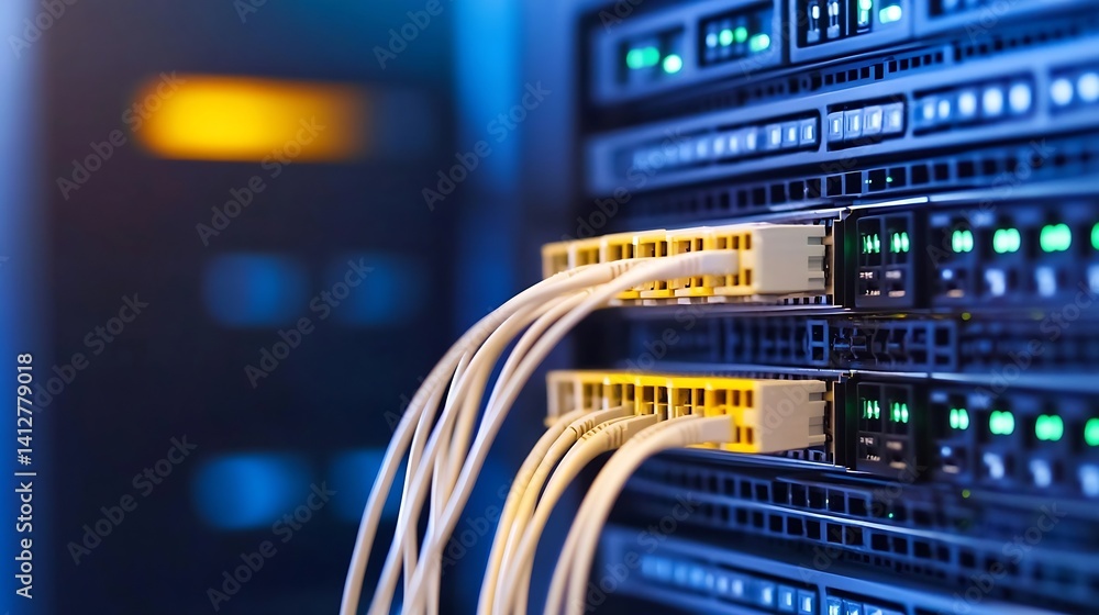 Poster Close Up of Data Center Server with Bright Cables and LED Indicators in High Tech Environment : Generative AI