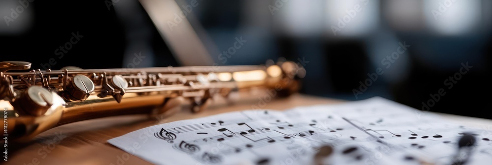 Fototapete close up shot of a golden flute placed on a sheet of music in a dark ambient environment. the piece 