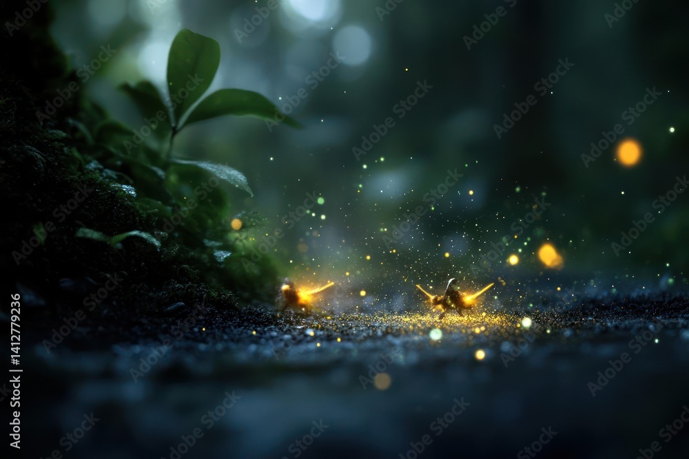 Poster Low-angle shot of a forest floor with glowing particles hovering above dark soil, moss-covered rocks, and a few green leaves under dim lighting. This creates a magical and serene atmosphere