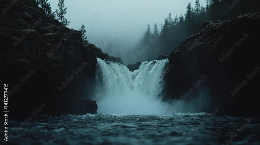 Poster misty waterfall scene with cascading white water between dark rock formations and evergreen trees un