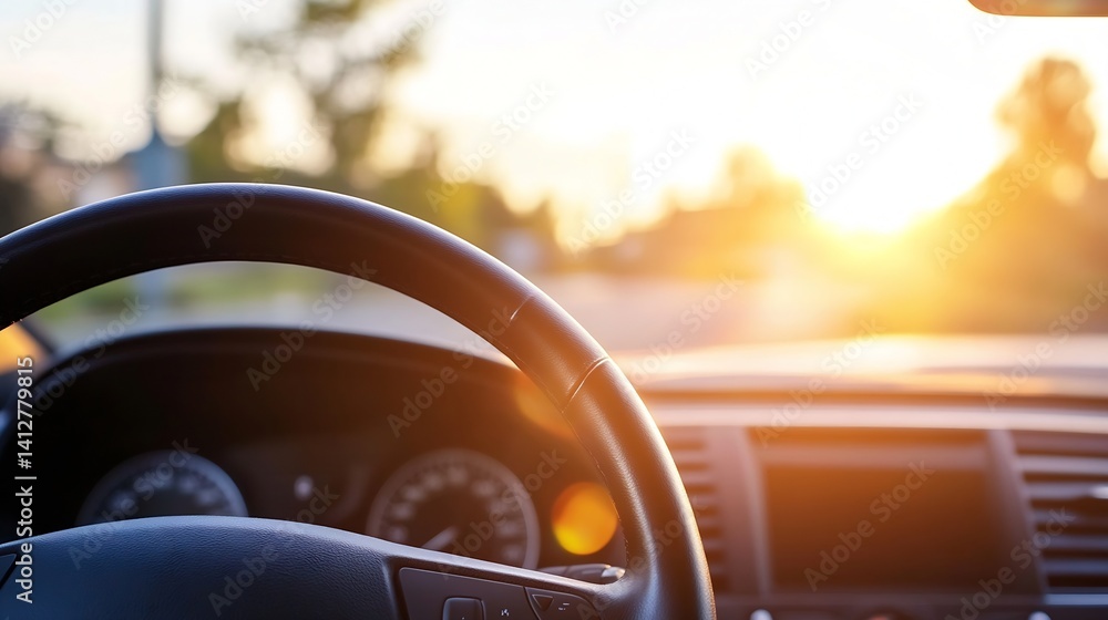 Poster driving view from inside a car with steering wheel and sun shining in the background : generative ai