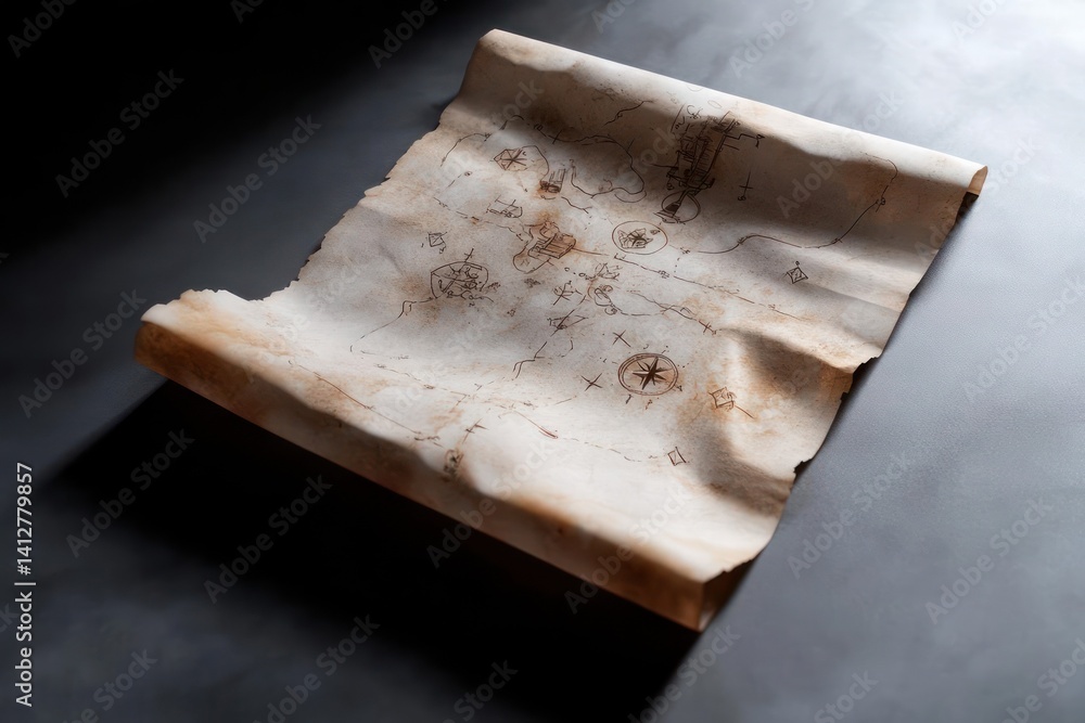 Aufkleber close-up showcases an aged, cream parchment scroll with burnt edges and scattered perforations, cast