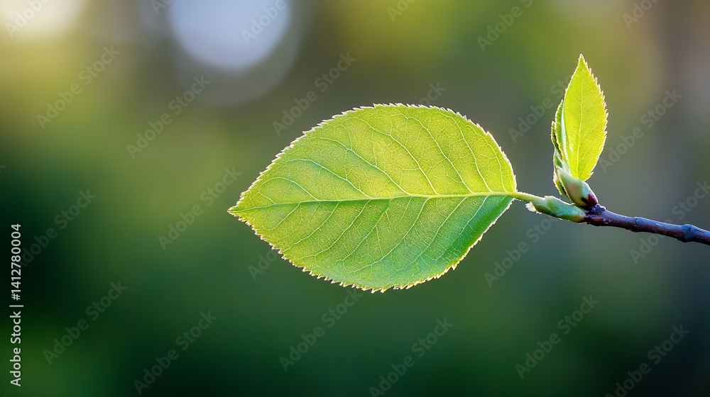 Poster bright green leaf with soft sunlight background in nature : generative ai