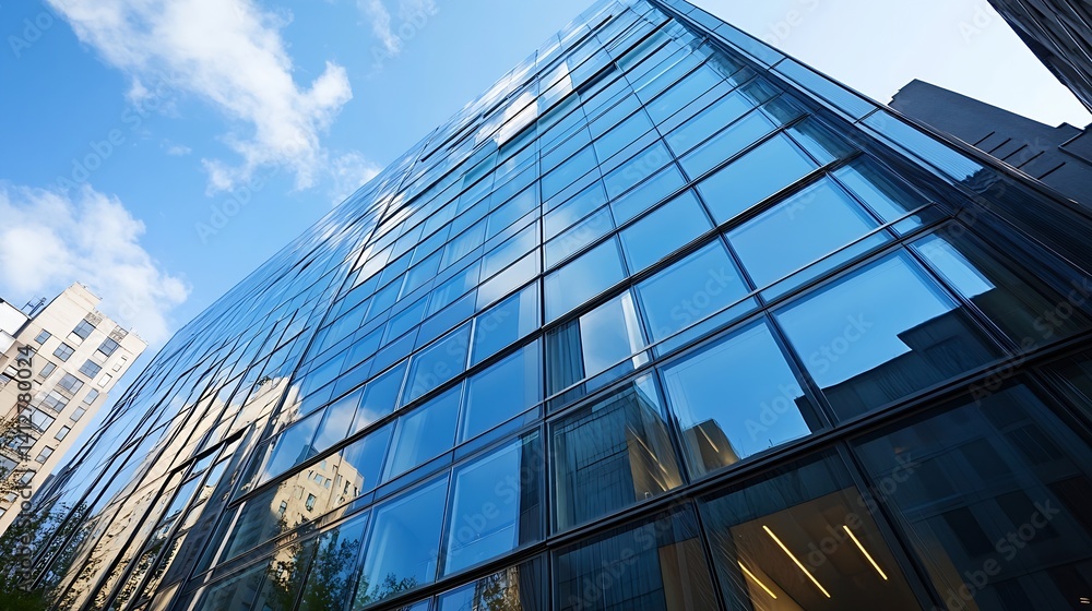 Poster modern office building with large glass windows reflecting the sky : generative ai