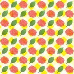Green leaves, Red rose pattern background, plaid pattern, suitable for use as wallpaper, backdrop, postcard, back