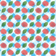 Green leaves, Red rose pattern background, plaid pattern, suitable for use as wallpaper, backdrop, postcard, back