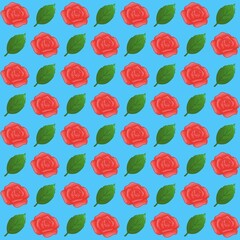 Green leaves, Red rose pattern background, plaid pattern, suitable for use as wallpaper, backdrop, postcard, back